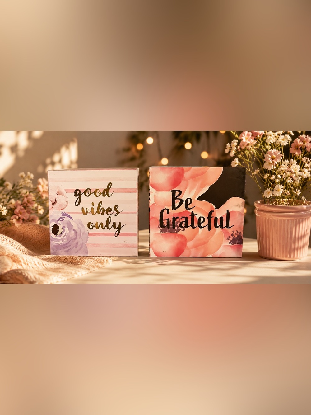 Set of Two Floral Inspirational Block Signs - Pink & Peach
